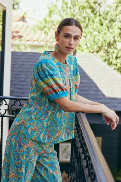 Current Air Paisley Border Print Top BLUEORANGE Clearance