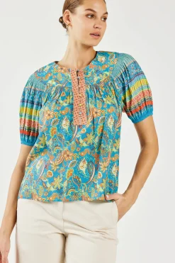 Current Air Paisley Border Print Top BLUEORANGE Clearance