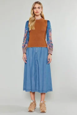 Current Air Paisley Contrast Sleeve Knit Top RUSTNAVY New