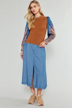 Current Air Paisley Contrast Sleeve Knit Top RUSTNAVY New
