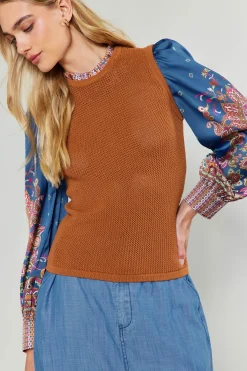 Current Air Paisley Contrast Sleeve Knit Top RUSTNAVY New
