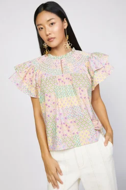 Current Air Patchwork Flutter Sleeve Top MULTI Sale
