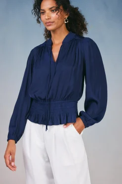 Current Air Peplum Collared Blouse NAVY Outlet