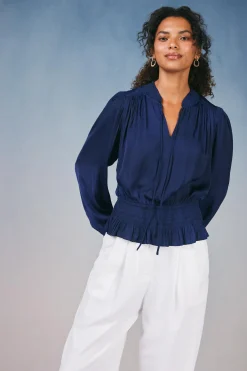 Current Air Peplum Collared Blouse NAVY Outlet
