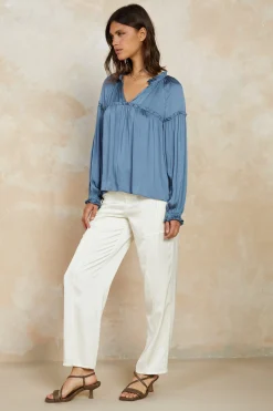 Current Air Picot Ruffled Blouse SLATEBLUE Hot
