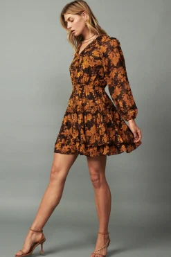 Current Air Picot Stitch Ruffled Mini Dress BROWNORANGEFLORAL Fashion