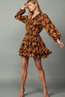 Current Air Picot Stitch Ruffled Mini Dress BROWNORANGEFLORAL Fashion