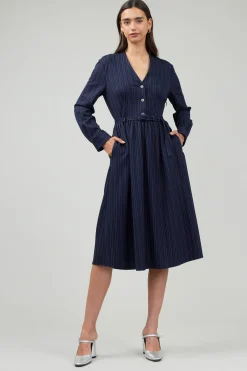 Current Air Pinstriped Buttondown Midi Dress NAVY Clearance
