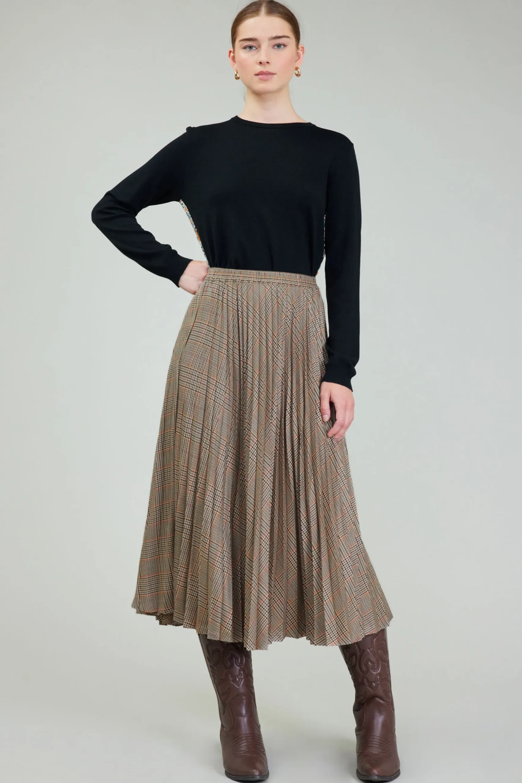 Current Air Plaid Pleated Midi Skirt CAMELMLT Hot
