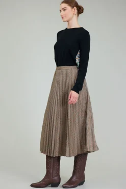 Current Air Plaid Pleated Midi Skirt CAMELMLT Hot