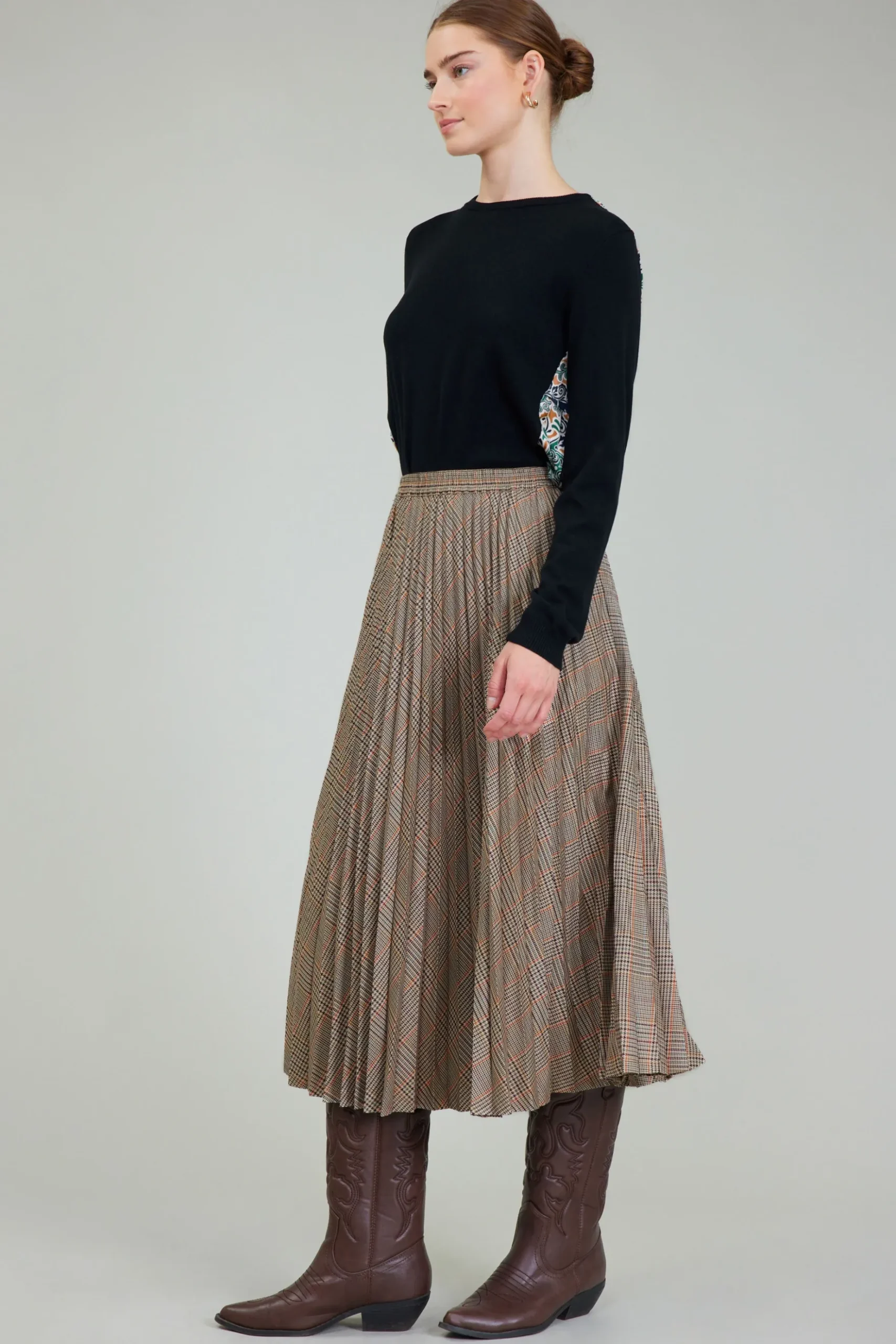 Current Air Plaid Pleated Midi Skirt CAMELMLT Hot