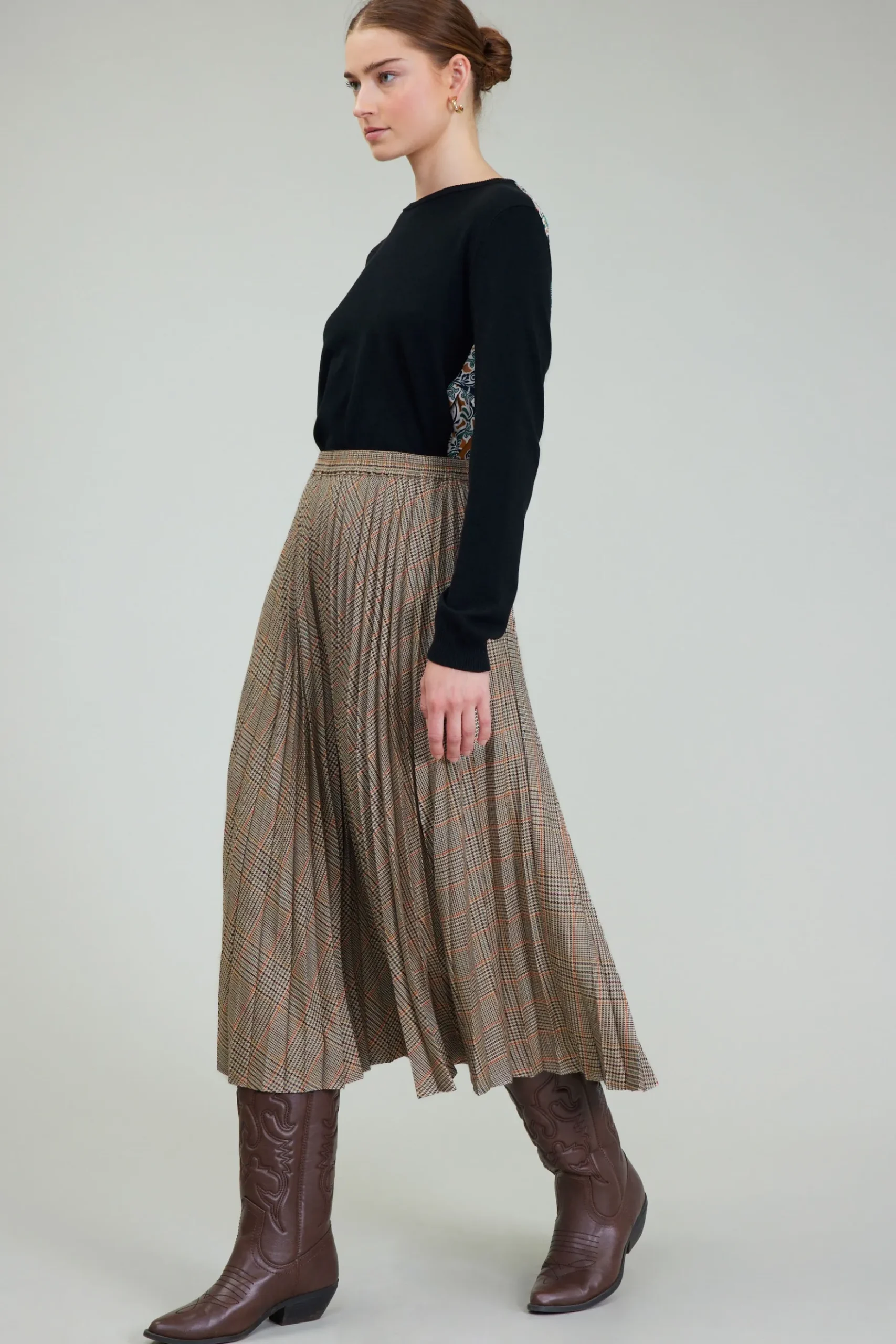 Current Air Plaid Pleated Midi Skirt CAMELMLT Hot