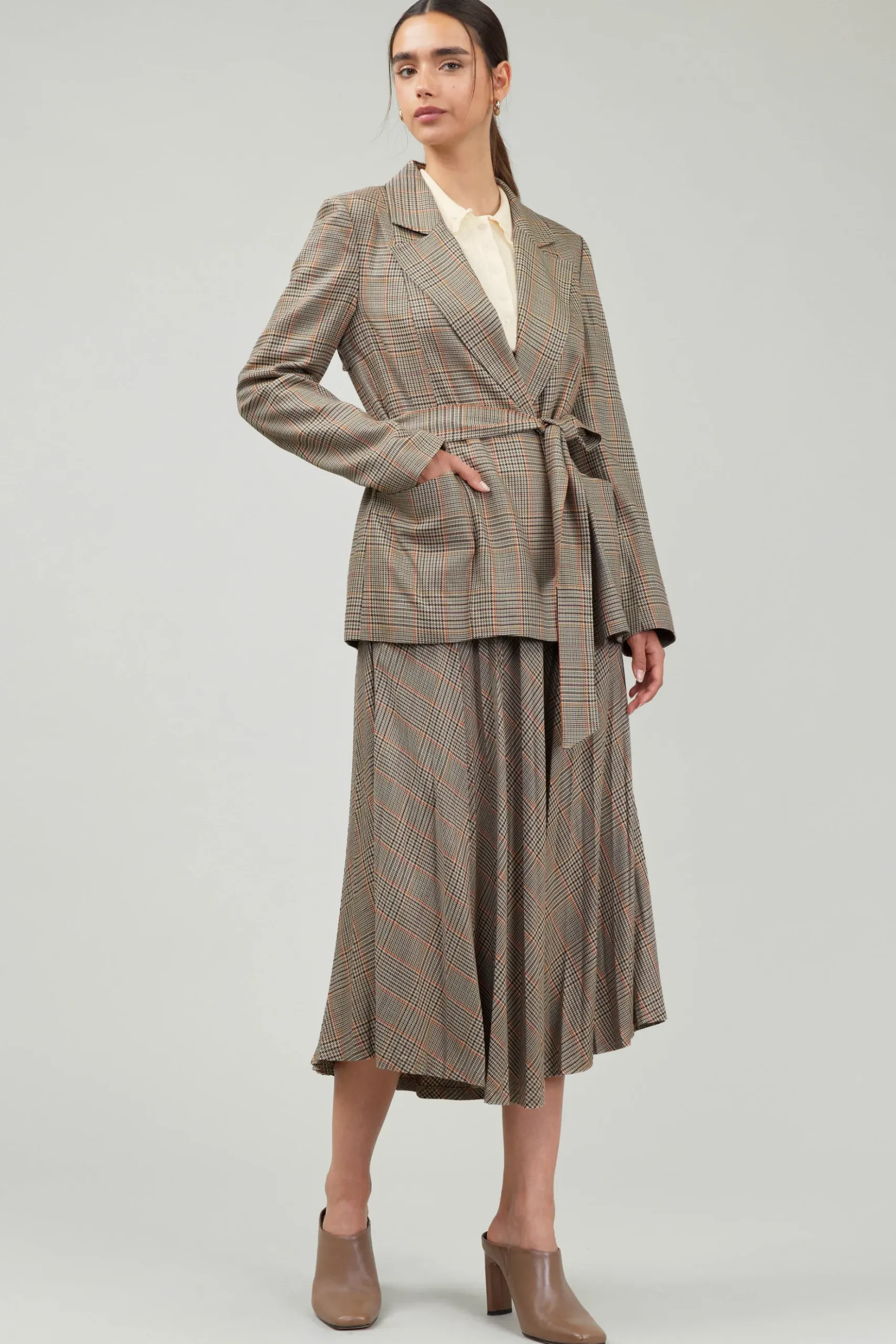 Current Air Plaid Pleated Midi Skirt CAMELMLT Hot