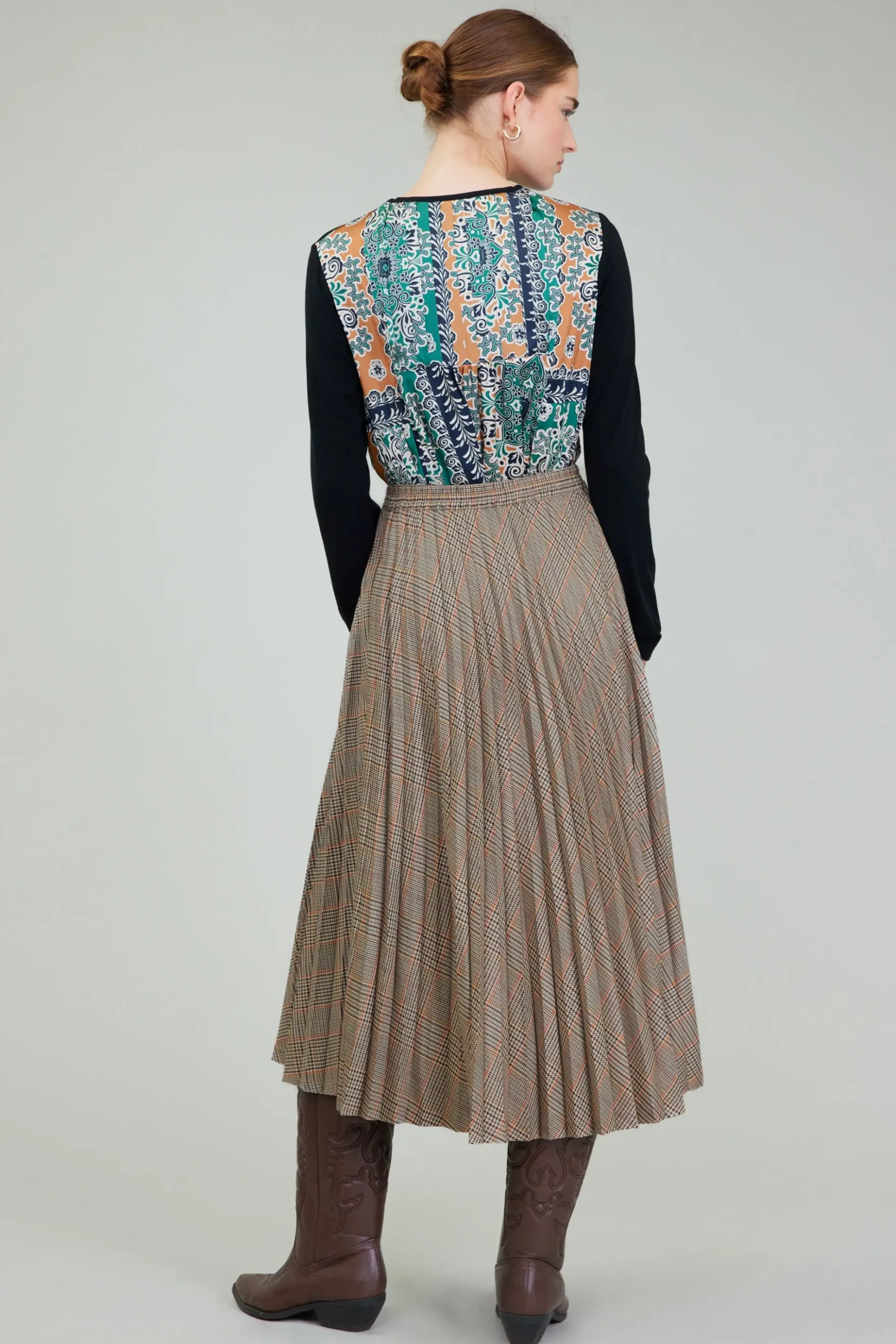 Current Air Plaid Pleated Midi Skirt CAMELMLT Hot