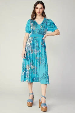 Current Air Pleated Botanical Midi Dress TURQUOISE Hot