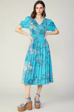 Current Air Pleated Botanical Midi Dress TURQUOISE Hot