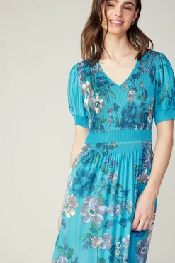 Current Air Pleated Botanical Midi Dress TURQUOISE Hot