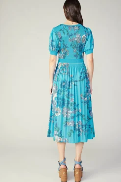 Current Air Pleated Botanical Midi Dress TURQUOISE Hot