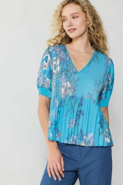 Current Air Pleated Botanical Top TURQUOISE Discount