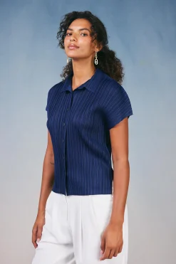 Current Air Pleated Button Down Top NAVY Online