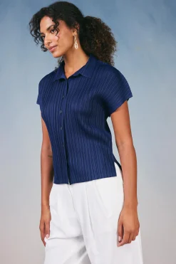 Current Air Pleated Button Down Top NAVY Online