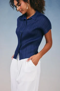 Current Air Pleated Button Down Top NAVY Online