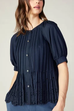 Current Air Pleated Eyelet Blouse DARKNAVY Fashion