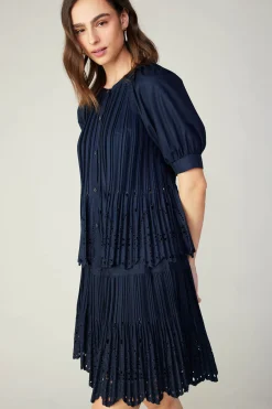 Current Air Pleated Eyelet Blouse DARKNAVY Fashion