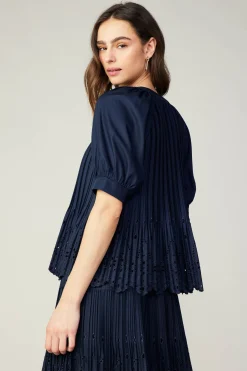 Current Air Pleated Eyelet Blouse DARKNAVY Fashion