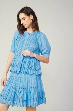 Current Air Pleated Eyelet Blouse BABYBLUE New