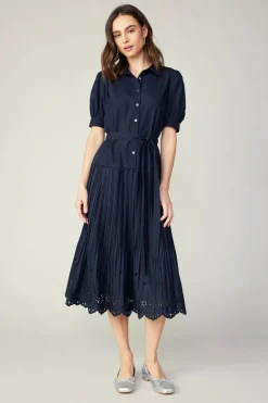 Current Air Pleated Eyelet Midi Dress DARKNAVY Discount