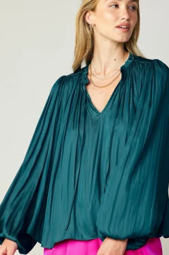 Current Air Pleated Puffed Sleeve Blouse DARKTEAL Online