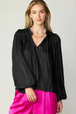 Current Air Pleated Puffed Sleeve Blouse BLACK New