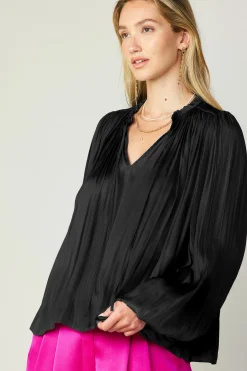 Current Air Pleated Puffed Sleeve Blouse BLACK New