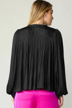 Current Air Pleated Puffed Sleeve Blouse BLACK New