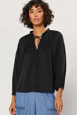 Current Air Pleated Split Neck Top BLACK Online