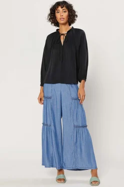 Current Air Pleated Split Neck Top BLACK Online