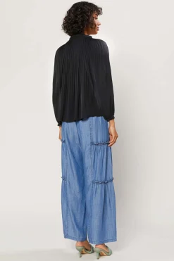 Current Air Pleated Split Neck Top BLACK Online