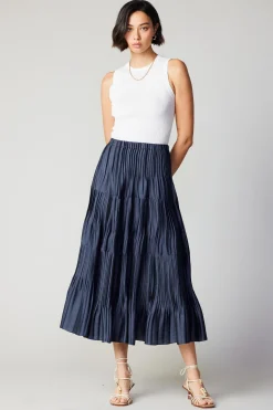 Current Air Pleated Tiered Midi Skirt NAVY Best