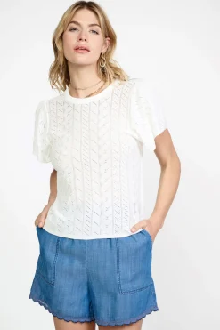 Current Air Pointelle Knit Sweater Top WHITE Fashion