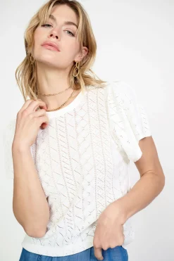 Current Air Pointelle Knit Sweater Top WHITE Fashion