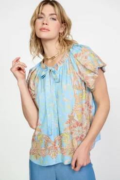 Current Air Retro Floral Bubble Sleeve Top SKY New
