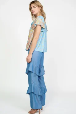 Current Air Retro Floral Bubble Sleeve Top SKY New