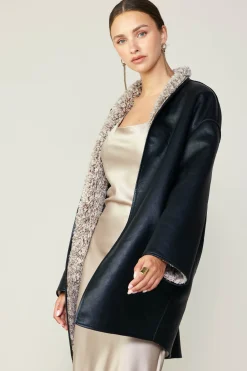 Current Air Reversible Faux Fur & Leather Coat BLACK Hot