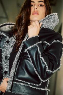 Current Air Reversible Vegan Leather Shearling Jacket BLACK Sale