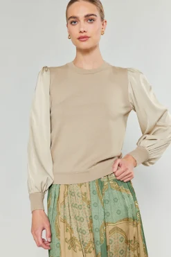 Current Air Ribbed Contrast Sleeve Sweater BEIGE Best