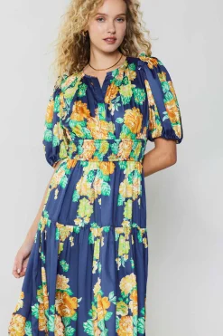Current Air Rose Motif Maxi Dress NAVY New