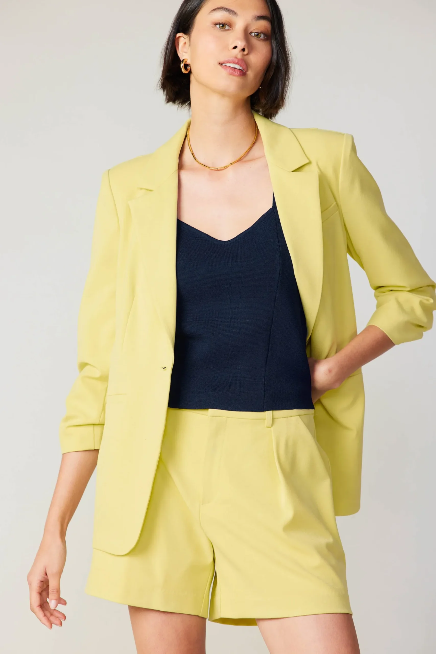 Current Air Ruched Sleeve Blazer LEMON Fashion