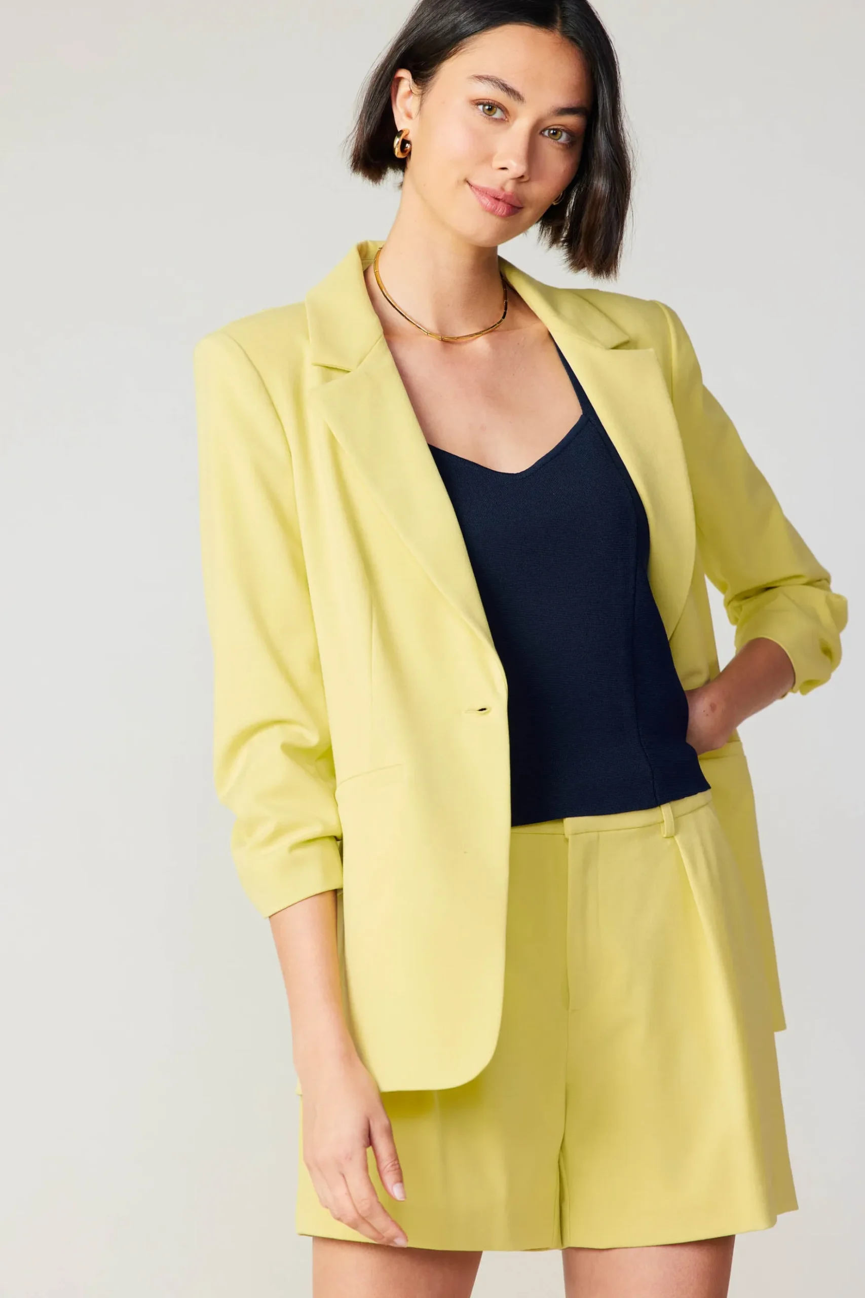 Current Air Ruched Sleeve Blazer LEMON Fashion