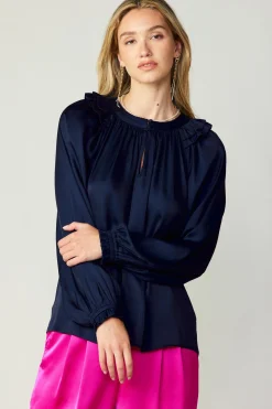 Current Air Ruffled Crewneck Blouse NAVY Outlet